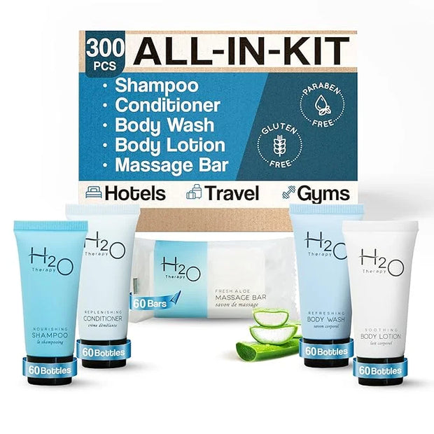H2O Therapy Hotel Soaps & Toiletries Bulk Set | 1-Shoppe Amenities Kit | 0.85oz Shampoo & Conditioner, Body Wash, Lotion, ...