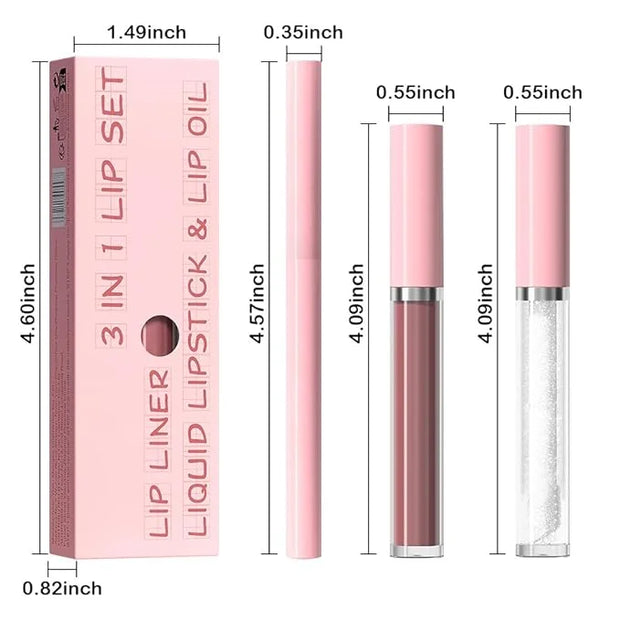 3-in-1Mocha Brown Matte Lip Stain Kit | Waterproof Lip Liner + Hydrating Matte Lip Gloss + Nourishing Lip Oil | Long Lasti...