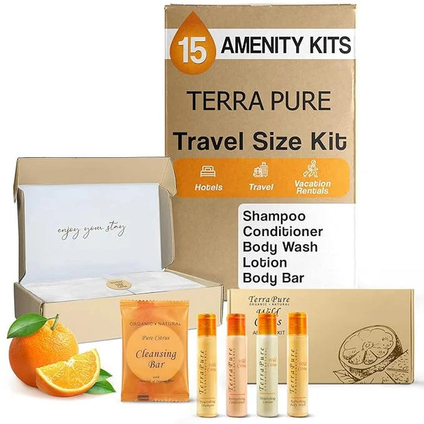 Terra Pure Amenity Kit | Boxed Hotel Toiletries Bulk Set | 1 oz Shampoo, Conditioner, Lotion, Body Wash & Cleansing Bar | ...
