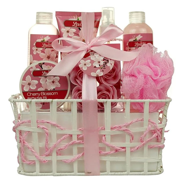 Spa Bath and Body - Spa Gift Baskets for Women & Girls, Cherry Fragrance, Spa Birthday Gift Includes Loofah Sponge, Bath S...