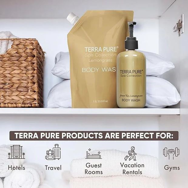 Terra Pure Spa Collection 1 Liter Body Wash Refill Bag For Soap Dispensers | Bulk Toiletries for Vacation Rentals, and Hom...