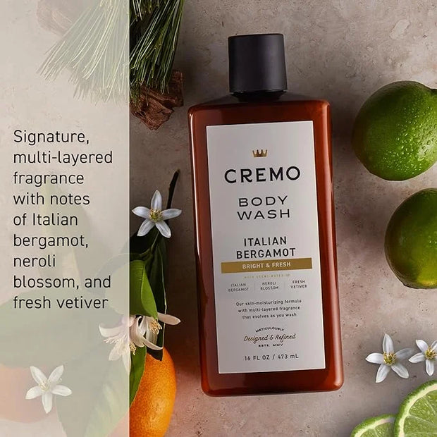 Cremo Body Wash Men, Notes of Italian Bergamot, Neroli Blossom, and Fresh Vetiver, Rich-Lathering Italian Bergamot, 16 Fl ...