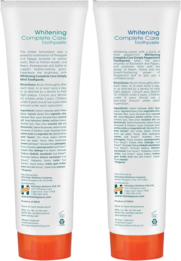 Himalaya Botanique Complete Care Whitening Toothpaste Variety Pack, Simply Mint and Simply Peppermint Flavors, Fluoride Fr...