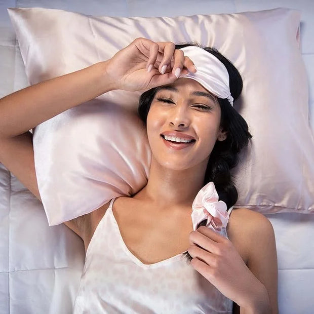 Vegan Silk Sleep Set, Silky Pillowcase with Large Scrunchie and Eye Mask for Hair and Skin, Self Care Essential Satin Nigh...