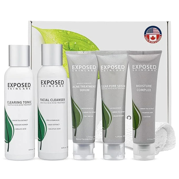 Exposed Skin Care Expanded Acne Treatment Kit - Includes Salicylic Acid Face Wash, Clearing Tonic, Treatment Serum with Be...