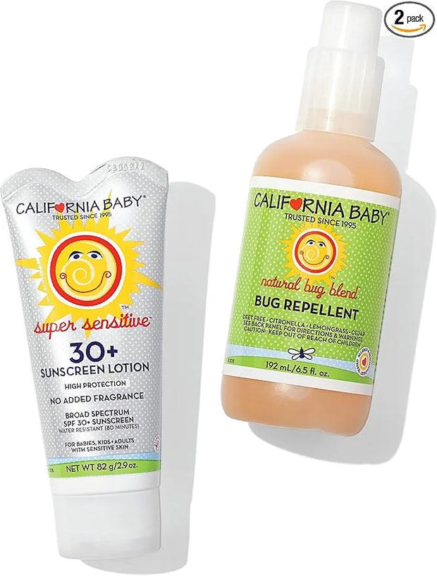 California Baby Super Sensitive Sunscreen + Natural Bug Spray | 2.9oz Unscented SPF 30+ Mineral Sunscreen + 6.5oz Natural ...