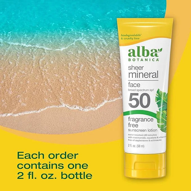 Alba Botanica Sunscreen for Face, Fragrance-Free Sheer Mineral Face Sunscreen Lotion, Broad Spectrum SPF 50, Water Resista...