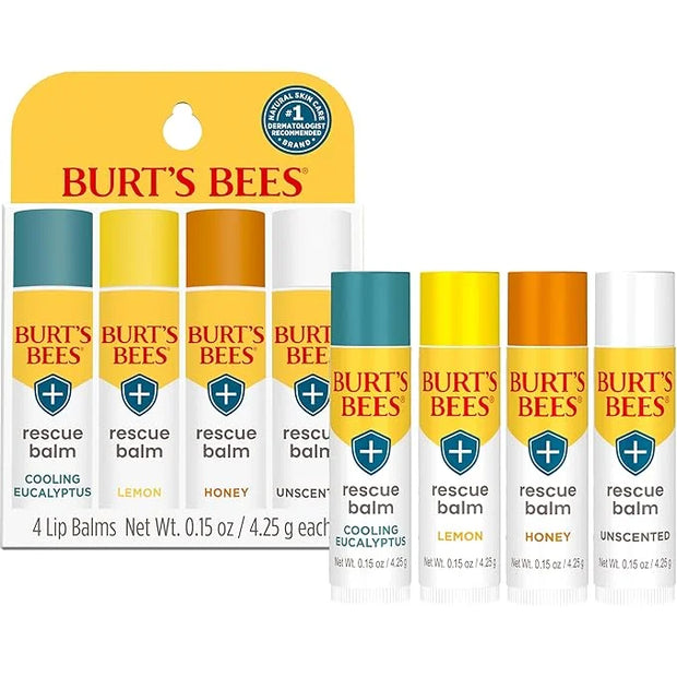Burt's Bees 100% Natural Origin Rescue Lip Balm, Cooling Eucalyptus, Lemon, Honey, Unscented, 4 Tubes, Pack May Vary - Pro...