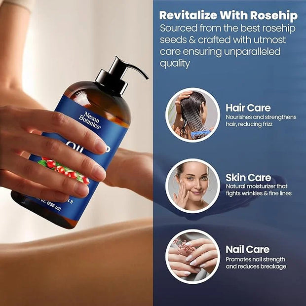 Rosehip Oil for Face 8 fl oz - Rosehip Seed Oil for Gua Sha, Massage, and Skin Care - Aceite de Rosa Mosqueta - Nexon Bota...