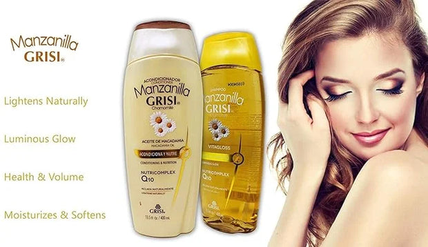 Manzanilla Grisi Premium Bathroom Bundle - Styling Gel, Gold Lightener and Detangler, and a Chamomile Conditioner + Shampo...