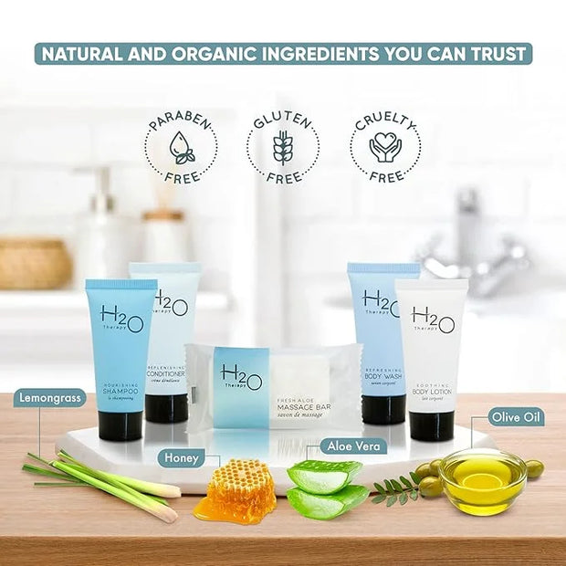 H2O Therapy Hotel Soaps & Toiletries Bulk Set | 1-Shoppe Amenities Kit | 0.85oz Shampoo & Conditioner, Body Wash, Lotion, ...