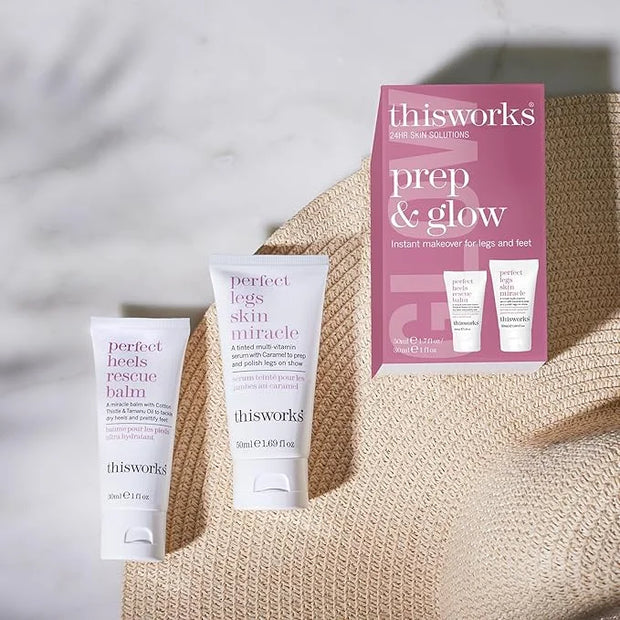 THISWORKS Prep and Glow Gift Set - Travel Size Kit with Perfect Legs Skin Miracle and Perfect Heels Rescue Balm Foot Cream...
