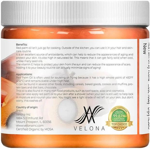 velona USDA Certified Organic Red Palm Oil 16 Fl Oz | Food and Cosmetic Grade | in jar | Extra Virgin, Cold Pressed | Skin...