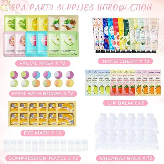 84 Piece Girls Spa Party Supplies Set, Face Masks, Hand Creams, Eye Patches, Bath Bombs, Lip Balms, 12 Person Kit - Produc...