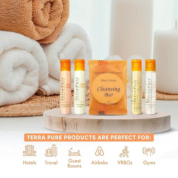 Terra Pure Wild Citrus Toiletries Set | 1-Shoppe Amenities Kit | 1oz Shampoo, Conditioner, Body Wash, Lotion, 1oz Bar Soap...