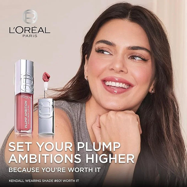 L'Oreal Paris Plump Ambition Hyaluron Lip Oil, 24 HR Lip Gloss with Hyaluronic Acid, Volumizing Formula with Glass-Like Sh...