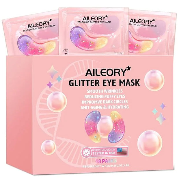 Under Eye Patches (48 Pairs) - New Tri-color Glitter Eye Gel Pads for Dark Circles Puffy Eyes,Under eye Bags,Wrinkles|Natu...