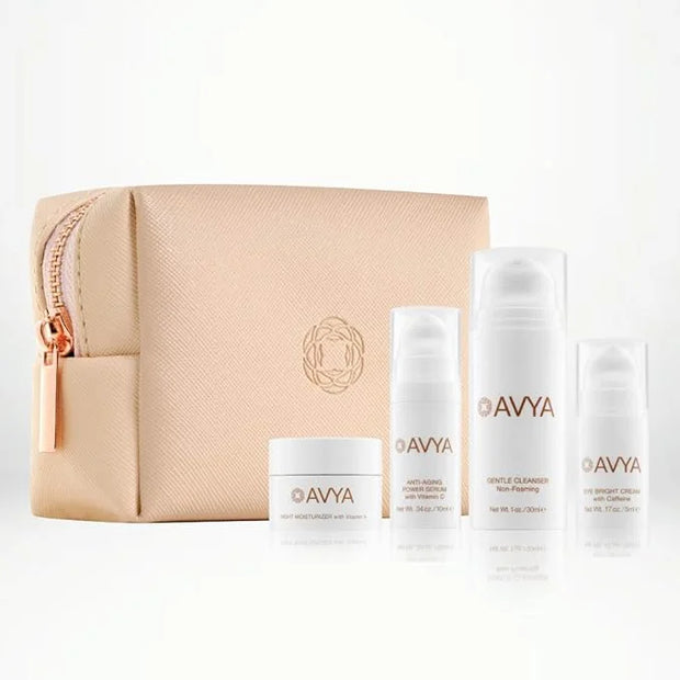 Avya Skincare Ayurvedic Weekend Travel Set | 4 Piece Skincare Travel Set | Gentle Cleanser, Eye Cream, Anti-Aging Serum, N...