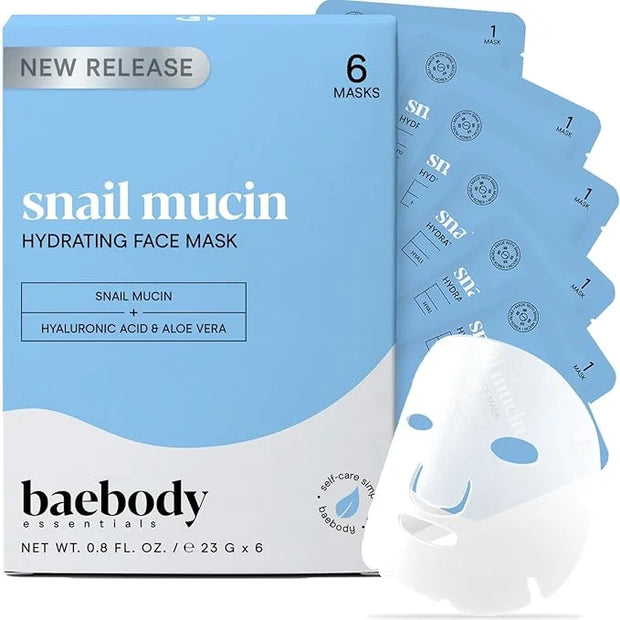 Baebody Snail Mucin Face Sheet Mask (6 pcs) - Anti Aging and Moisturizing Face Mask with Hyaluronic Acid - Deep Hydration ...