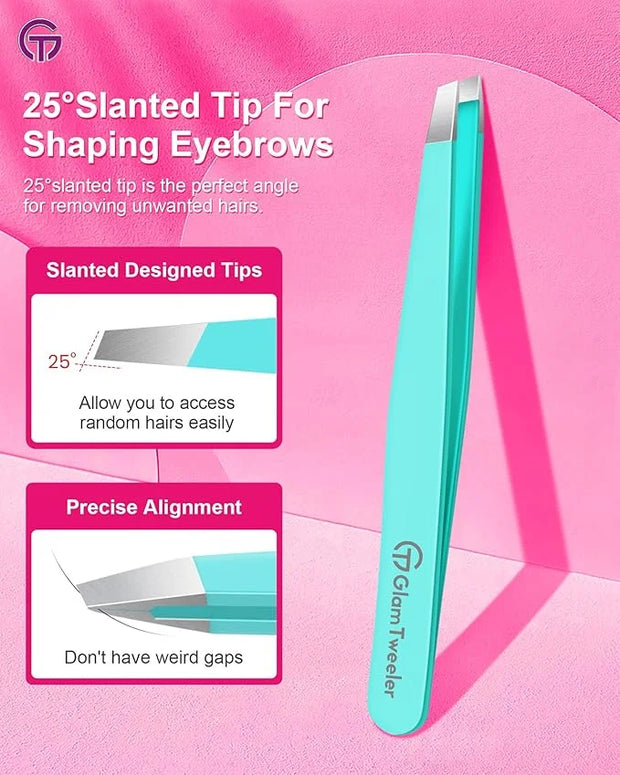 Expert Eyebrow Hair Removal Tweezer with Leather Case, GlamTweeler High Precision Slant Tip Stainless Steel Tweezers for M...