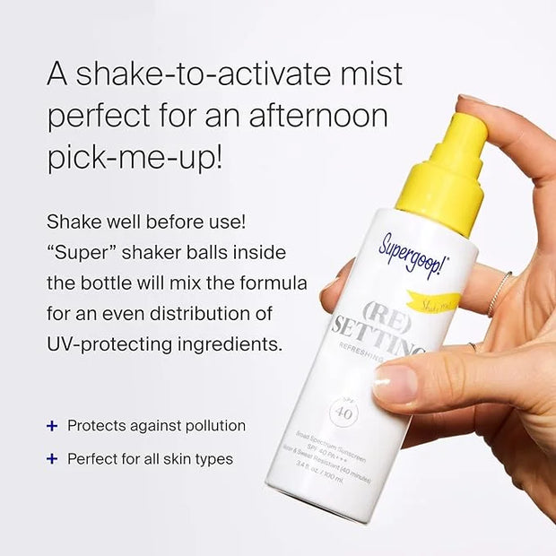 Supergoop! (Re)setting Refreshing Mist, 3.4 fl oz - SPF 40 PA+++ Facial Mist - Sets Makeup, Refreshes UV Protection & Help...