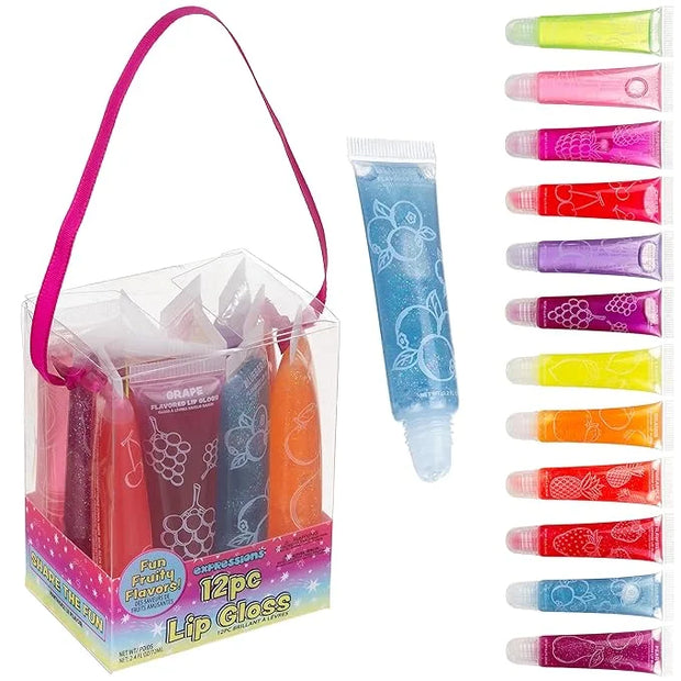 Expressions 12 pc Lip Gloss Set, Flavored Lipgloss Squeeze Tubes with Carrying Case, Lip Gloss Set Value Pack, Assorted Fr...