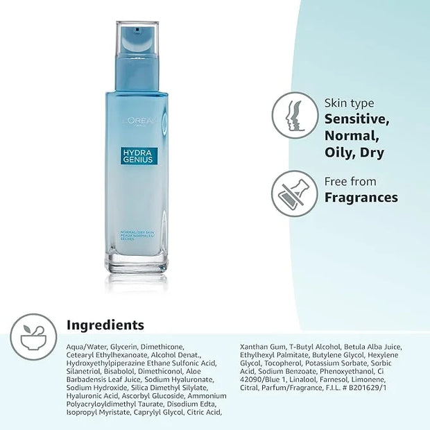 L’Oreal Paris Skincare Hydra Genius Daily Liquid Care Oil-Free Face Moisturizer for Normal to Dry Skin, Hyaluronic Acid Mo...