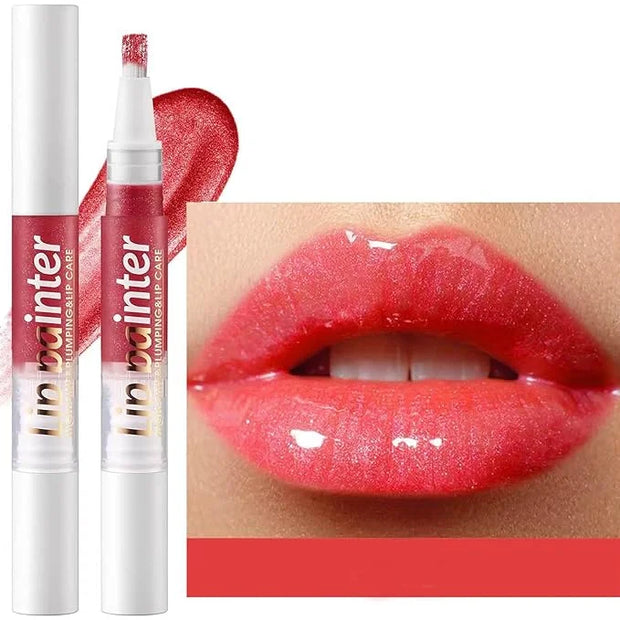 2 in 1 Rose Red Shimmer Lip Gloss Lip Plumper Gloss Tinted Glitter Lipgloss Lipstick Moisturizing High Shine And Vegan Plu...