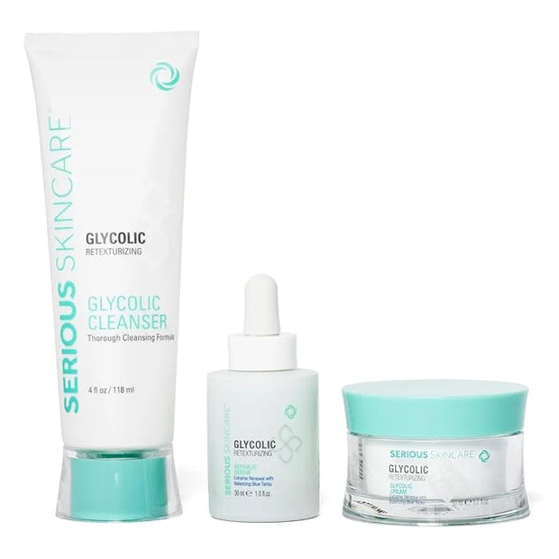 Serious Skincare Glycolic Skin Renewal Set - Retexturizing Serum - Facial Moisture Cream - Face Wash Cleanser - Balancing ...