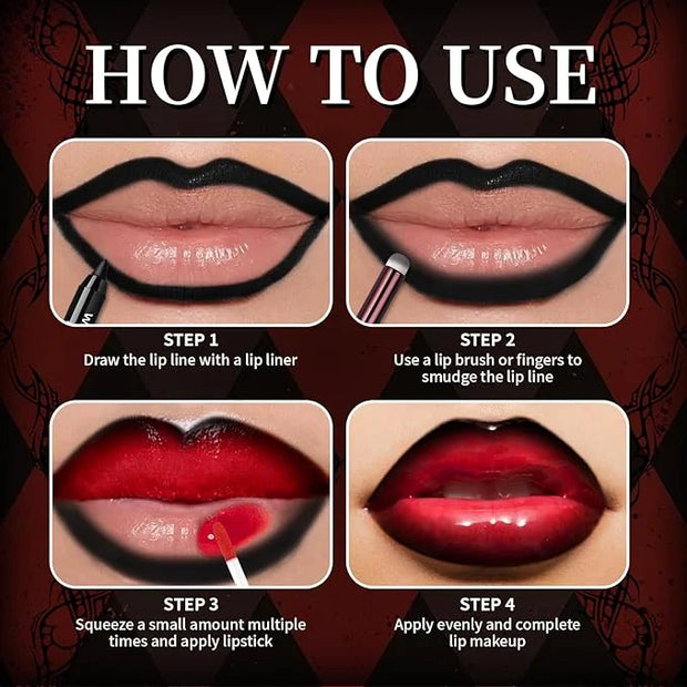 Vinyl Red Velvet Ink Liquid Lipstick with Black Lip Liner Gothic Lip Combo Halloween Makeup, Long Wear Waterproof Lip Glos...