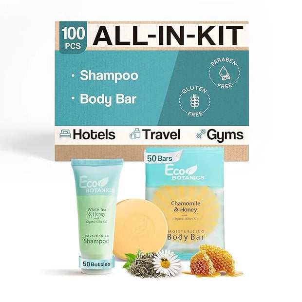 Eco Botanics Hotel Soaps & Toiletries Bulk Set | 1-Shoppe Amenities Kit for Hotels & Vacation Rentals | 0.85 oz Conditioni...