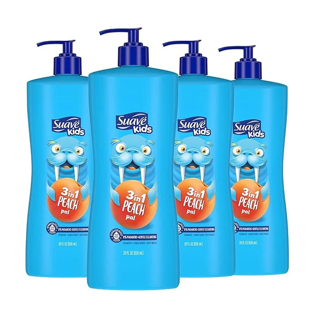 Suave Kids 3-in-1 Tear Free, Body Wash, Shampoo and Conditioners, Dermartologist Tested, Peach Pal, 28 Oz Pack of 4 - Prod...