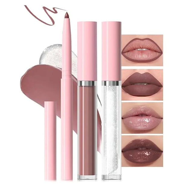 3-in-1Nude Pink Matte Lip Stain Kit | Waterproof Lip Liner + Hydrating Matte Lip Gloss + Nourishing Lip Oil | Long Lasting...