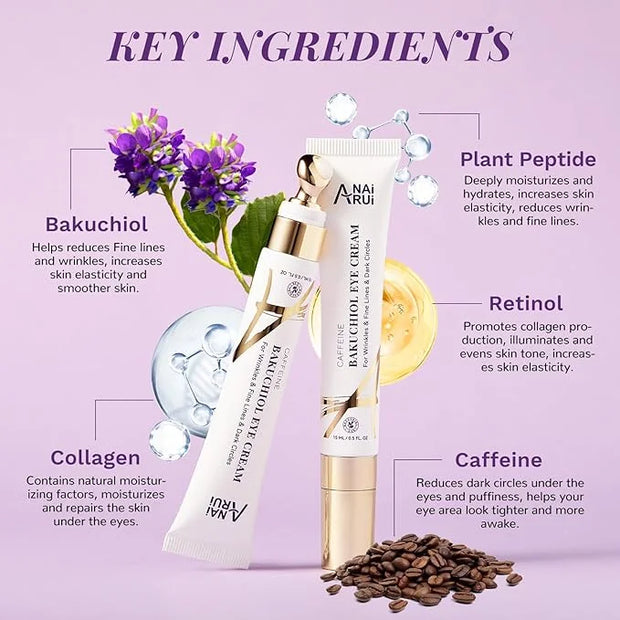 ANAI RUI Caffeine Bakuchiol Firming Eye Cream, Retinol & Peptide Eye Cream for Dark Circles, Puffiness, Wrinkles, Bakuchio...