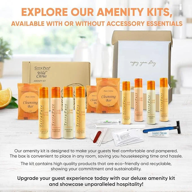 Terra Pure Amenity & Accessory Kit |1 oz Travel Size Shampoo, Conditioner, Lotion, Body Wash, 2 Cleansing Bars, Shave & De...