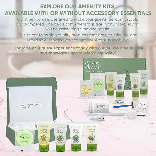 Desert Breeze Amenity & Accessory Kit | 1 oz Travel Size Shampoo, Conditioner, Lotion, Body Wash, Body Bar, Cleansing Bar,...