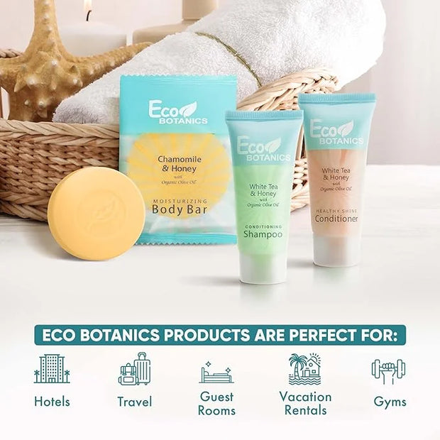 Eco Botanics Soaps & Toiletries Bulk Set | 1-Shoppe Amenities Kit for Hotels & Vacation Rentals | 0.85 oz Shampoo & Condit...