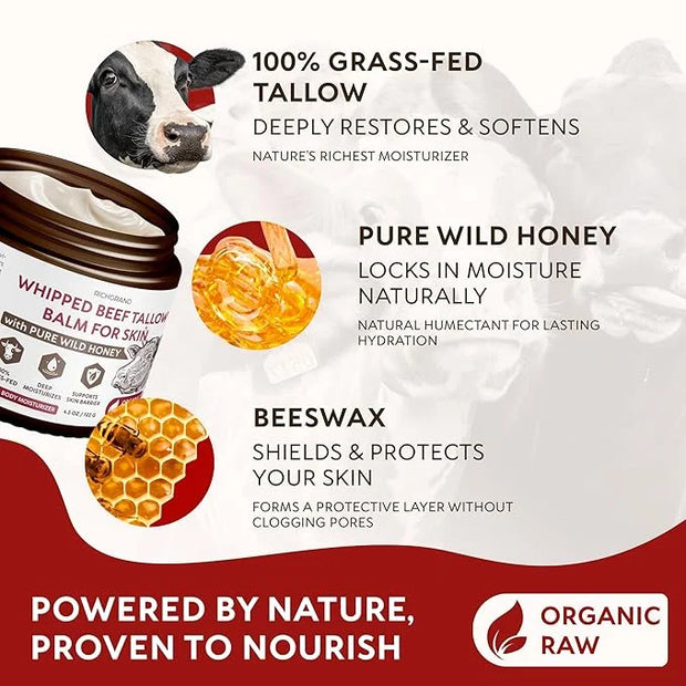 Beef Tallow for Skin - Whipped Grass-Fed Moisturizer with Wild Honey & Beeswax, Natural Face & Body Care, Deep Hydration, ...