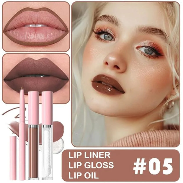 3-in-1Light Nude Brown Matte Lip Stain Kit | Waterproof Lip Liner + Hydrating Matte Lip Gloss + Nourishing Lip Oil | Long ...