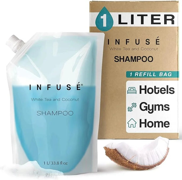 1 Liter Shampoo Refill Bag For Soap Dispensers | Bulk Toiletries for Vacation Rentals, and Home Bathroom Showers | White T...