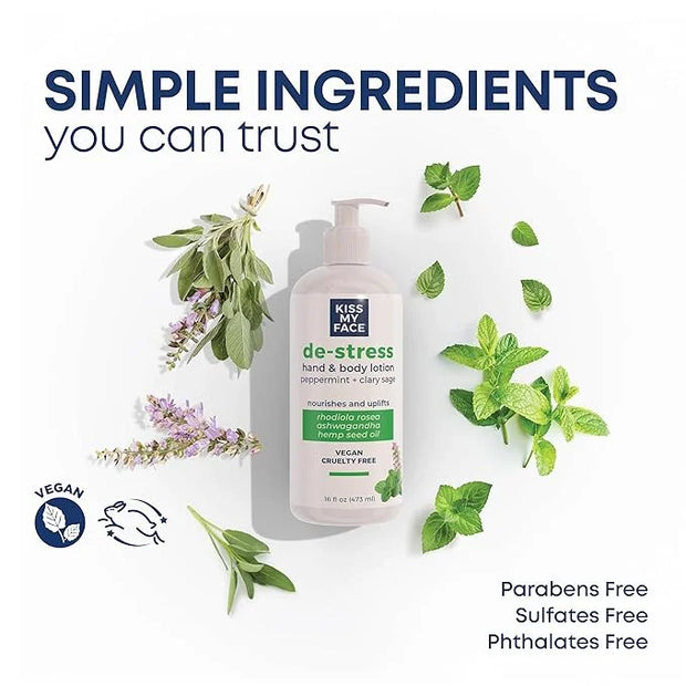 Kiss My Face De-Stress Hand & Body Lotion - Peppermint + Clary Sage - Soothing Rhodiola Rosea - With Hemp Seed Oil & Ashwa...