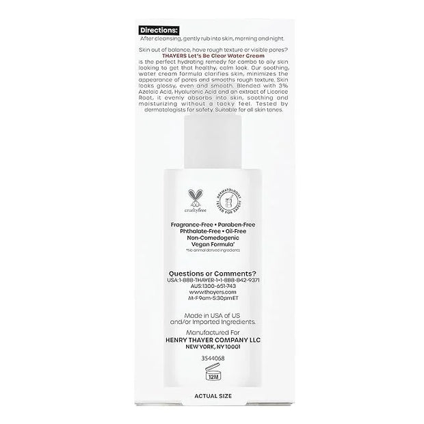 THAYERS Let's Be Clear Water Face Cream, Moisturizer with Azelaic Acid and Hyaluronic Acid, Skin Care for Combination to O...