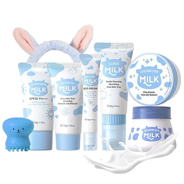 Milk Skin Care Kit, 8Pcs Moisturizing Face Care Set, Deep Clean, Nourish Skin, Facial Skin Care Sets with Cleanser, Exfoli...