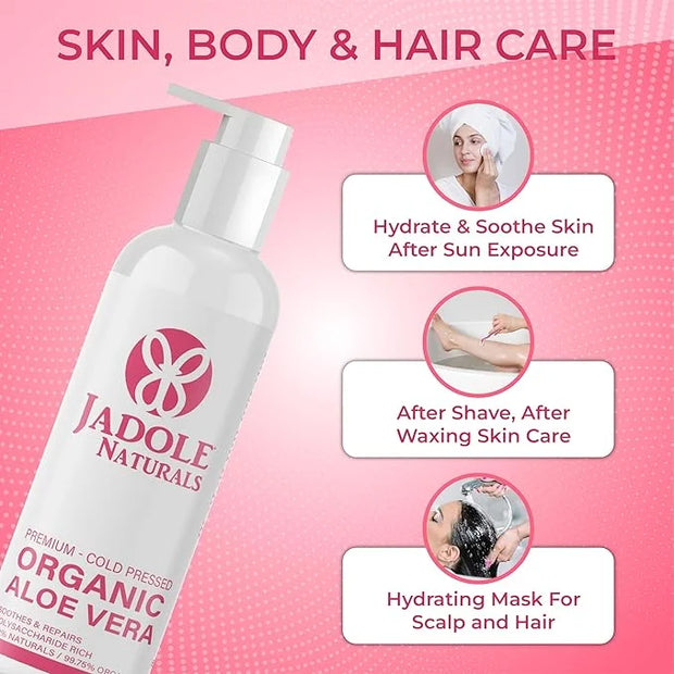 Organic Aloe vera Gel - 8.4 oz / 250ml | For Hair, Scalp, Face, Dry Skin, Sunburn, & Sensitive Skin -Reduces Redness, Help...