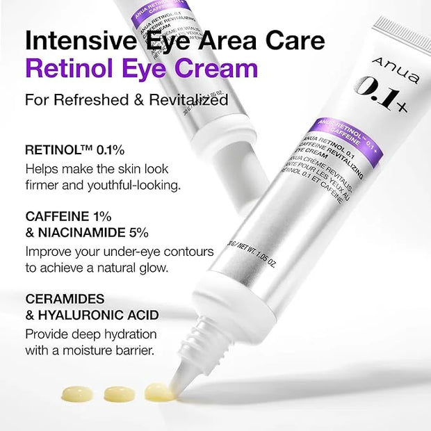 Anua Retinol 0.1 Caffeine Revitalizing Eye Cream, Under Eye Cream For Hydration, Glow Up Eye Contour, Niacinamide, Retinol...