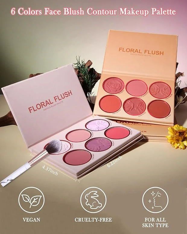 Matte Face Blush Palette with Brush-6 Color High Pigment Silky Mineral Blendable Blusher Contour Powder for Cheeks,Longlas...
