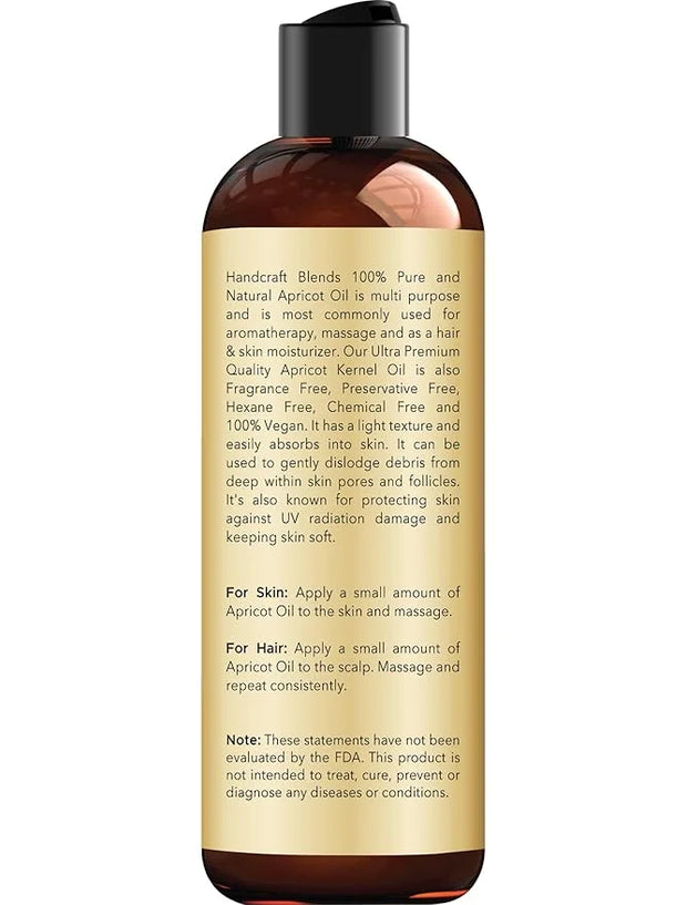 Handcraft Blends Apricot Kernel Oil - Cold-Pressed 8 Fl Oz - 100% Pure and Natural - Premium Grade Carrier Oil for Skin an...