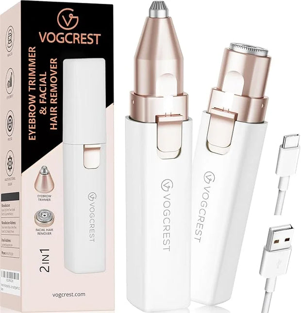 VOGCREST Hair Trimmer, 2 in 1 Facial Hair Remover & Eyebrow Trimmer for Women - Rechargeable, Portable, LED Light (White) ...