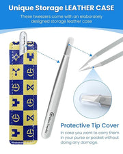 Expert Slant Tip Tweezers with Leather Case, GlamTweeler Sharp & Precision Stainless Steel Tweezer for Eyebrows, Facial Ha...