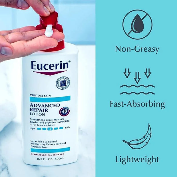 Eucerin Advanced Repair Unscented Body Lotion for Dry Skin (16.9 Fl Oz) + Advanced Cleansing Body and Face Cleanser for Se...